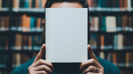 A person holds a blank book cover in front of their face, standing in a library with a blurred bookshelf background.