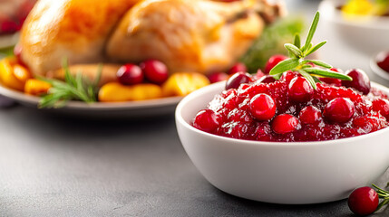Bowl of vibrant cranberry sauce garnished with rosemary sits on table, with roasted turkey in background
