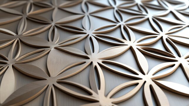 Geometric panels with a flower of life pattern, rendered in seamless 3D texture. 