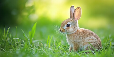 Adorable small rabbit in grass, ears up and averting eyes.