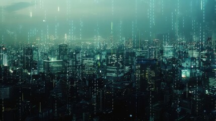 Fototapeta premium Futuristic Cityscape with Digital Rain Effect