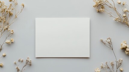 Blank wedding invitation card mockup with dried flowers on grey background flat lay top view cards announcement dried flowers