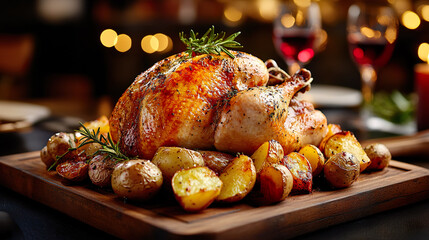 Beautifully roasted chicken garnished with rosemary sits on wooden board, surrounded by golden potatoes.