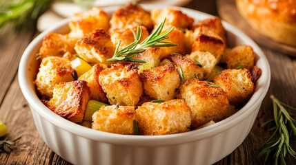 Fototapeta premium Golden, crispy croutons seasoned with rosemary and herbs are served in white bowl, perfect for adding crunchy texture to salads or soups.