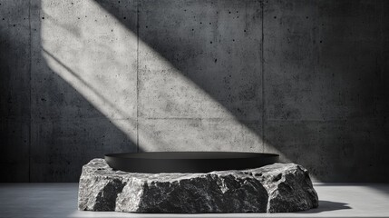 Stone rock podium with black backgroundinterior studio room concrete wall with lightshadow on rock cliff display stageminimal template mockup for jewelry stand product presentfashion branding