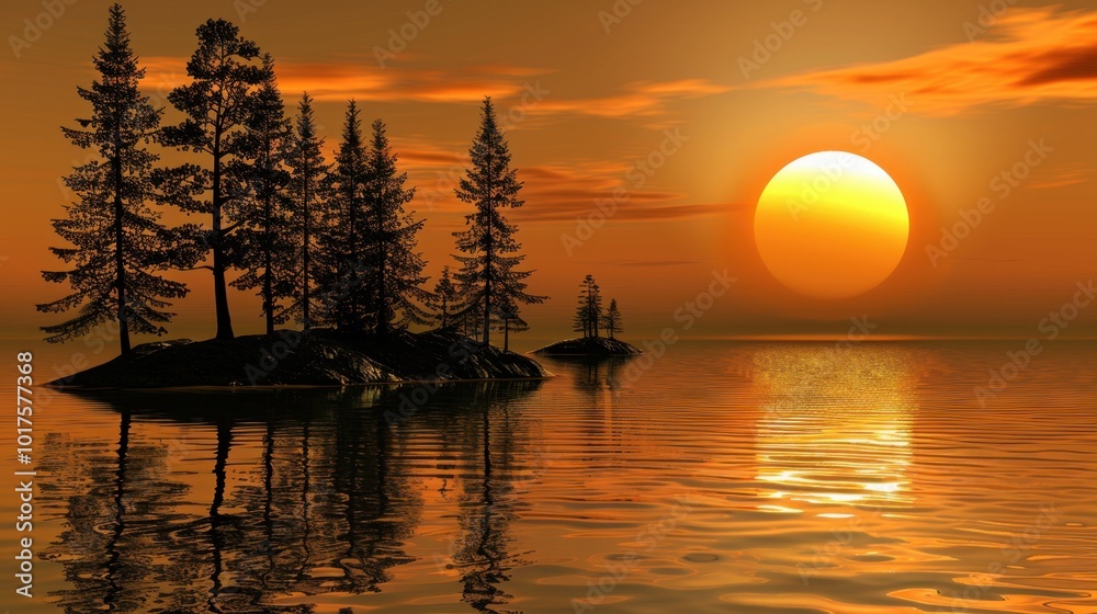 Canvas Prints Tranquil Sunset Over Calm Water and Tall Trees