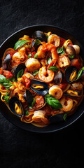 Pasta with seafood in tomato sauce, and shrimp and clams. AI generative.