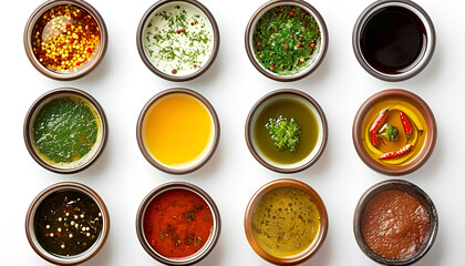 Many different sauces in bowls on white background, top view