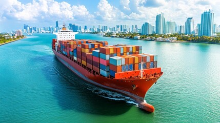 Fototapeta premium Cargo ship leaving harbor cargo business container ship shipping logistics cargo ship with container in miami skyline freight container loaded on cargo vessel in miami skyline florida