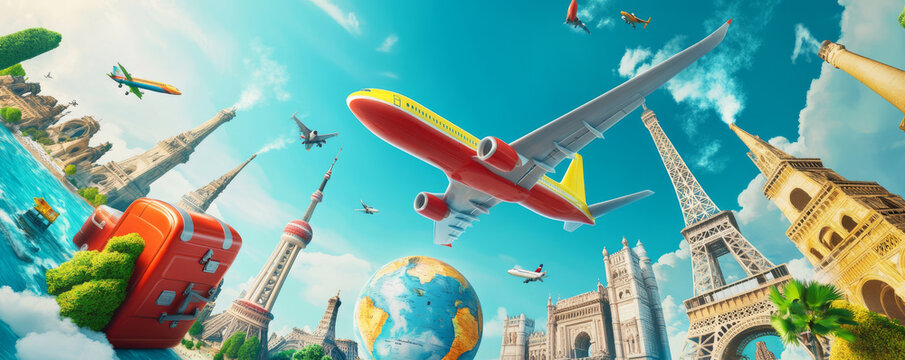 Traveling world is an exciting adventure filled with iconic landmarks, vibrant cultures, and unforgettable experiences. This image captures essence of global exploration with famous structures and air