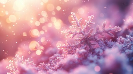 Pink snowflakes swirling, pale pastel background, cute stars and Christmas lights, soft glow, magical and minimal layout.