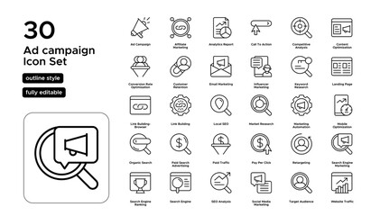 Ad Campaign Line Icon Set: Advertising Strategies, Targeting, Creative Assets, and Performance Metrics Icons
