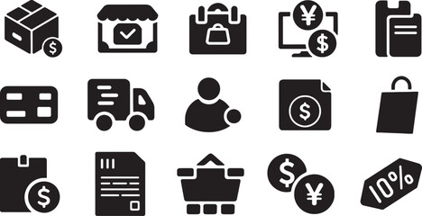 Set of Shopping and E-commerce Solid Icons.