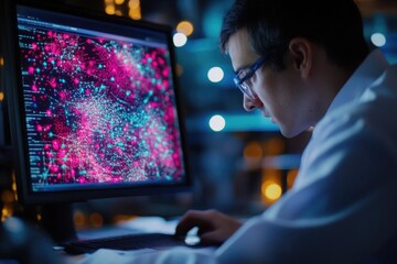A researcher analyzes complex data patterns on a computer screen, showcasing vibrant technology and scientific exploration.