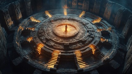 Priests in ceremonial attire performing a ritual in a circular Aztec temple, dawn light seeping through stone carvings, an offering placed at the center