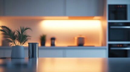 Fototapeta premium A modern kitchen with soft lighting and a potted plant, creating a cozy atmosphere.