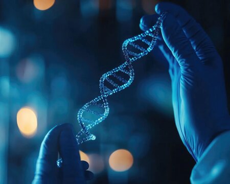 A close-up of a hand holding a shimmering DNA strand in a scientific lab setting, showcasing advanced genetics research.