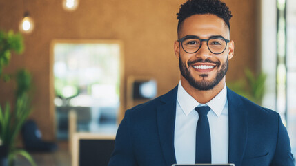 Fototapeta premium Smiling businessman in a suit and glasses.