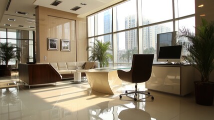 Fototapeta premium A clean, luxurious office space with a large window, modern furniture, and natural light flooding the room, creating a professional and elegant atmosphere