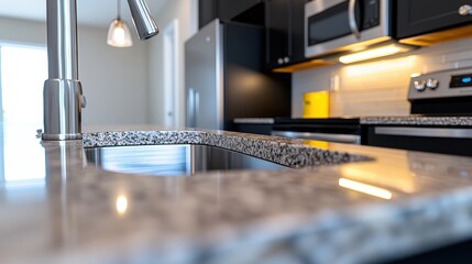 Naklejka premium Modern Kitchen Sink Detail with Granite Countertop and Stainless Steel Faucet