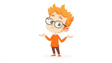 Illustration of a cartoon boy with glasses and orange hair, shrugging with a puzzled expression on his face, isolated on white.