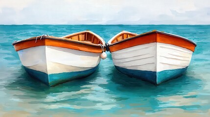 Obraz premium Two Boats in Tranquil Harbor Watercolor Painting Seascape Art