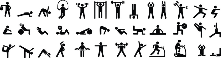 Exercise and fitness icons. Gym and Workout Set. Person Yoga exercises poses. Lunges, Pushups, Squats, Dumbbell rows, Burpees, Side planks, Situps, Glute bridge, Leg Raise, Side Crunch.