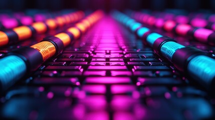 Abstract Neon Cables on Black Keyboard   Futuristic Industrial Technology Background