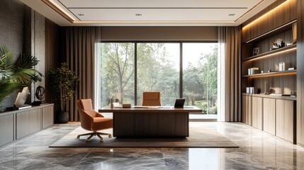 A contemporary office with a large window, elegant modern furniture, and a bright, open atmosphere, symbolizing luxury and productivity
