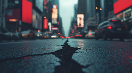 Obraz premium A crack in the asphalt in a busy city street.