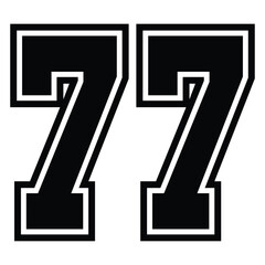 77 Classic Vintage Sport Jersey Uniform numbers in black with a black outside contour line number on white background for American football, Baseball and Basketball or soccer for shirt