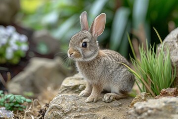 Fototapeta premium Adorable Brown Rabbit Sitting on a Rock in a Garden