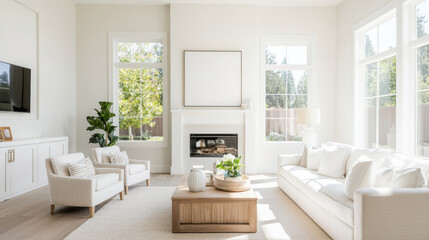 A bright and airy living room featuring large windows that invite natural light, cozy sofa, and stylish armchairs. neutral color palette creates serene atmosphere, perfect for relaxation