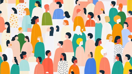 Diverse group of women illustrated in vibrant, colorful pattern, showcasing various hairstyles, skin tones, and clothing styles, creating sense of community and unity