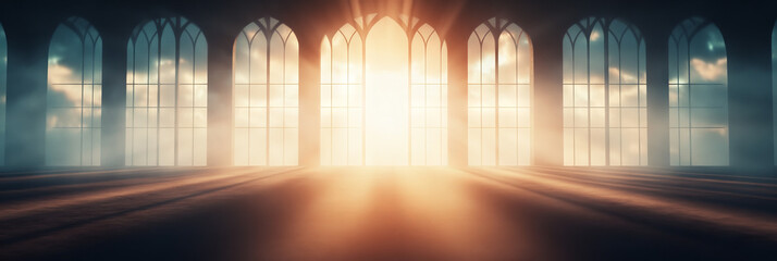 Sunlight streams through tall arched windows in a dimly lit room, creating a mystical atmosphere.