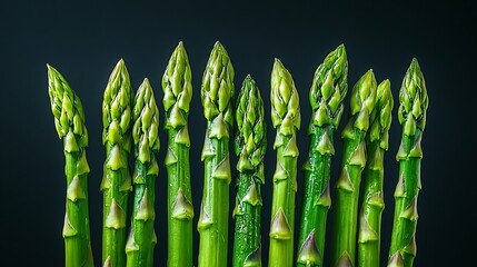 Fresh green asparagus arranged in a row.