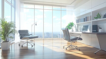 A sleek office space with a large window, modern minimalist furniture, and plenty of natural light, ideal for business and productivity themes