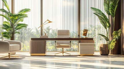 A stylish office space with large windows, luxurious furniture, and bright natural light, emphasizing modern design and productivity