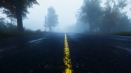 Lonely road in fog with yellow line, surrounded by trees, creating a mysterious atmosphere.