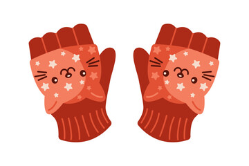 Fingerless children gloves with cat faces flat color vector object. Cute girlish handwear clothing elements design illustration on white