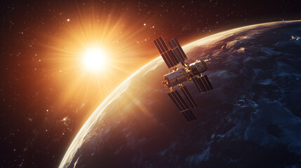 
Satellite with solar panels orbiting earth illuminated by the sun