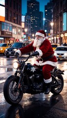 Santa Claus riding a motorcycle through a busy city street at night with Christmas lights


