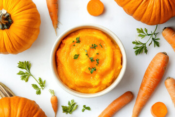A delightful bowl of creamy baby food surrounded by fresh vegetables and vibrant pumpkins