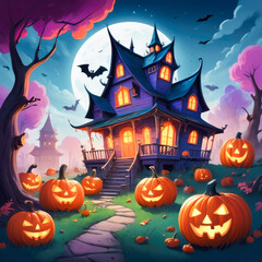 Scary halloween pumpkin on Nighttime Scene Background. Halloween Spooky House