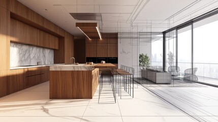 Naklejka premium Architectural sketch of a modern wooden kitchen and living room area.