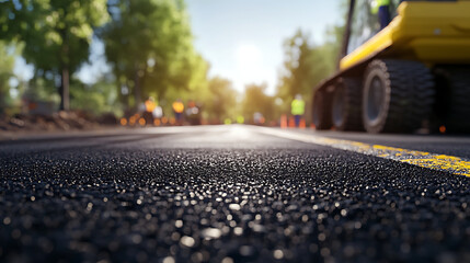 Close-up of asphalt road during construction, machinery in background.