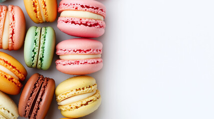 Obraz premium An aerial view of an assortment of colorful french macarons arranged beautifully, perfect for use in banner design or as a vibrant background. Captivating textures and hues entice the viewer.
