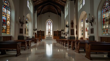Obraz premium Inside an elegant church with a white marble floor, high ceilings, and stained glass windows, pews line the walls. The shot is taken from the interior
