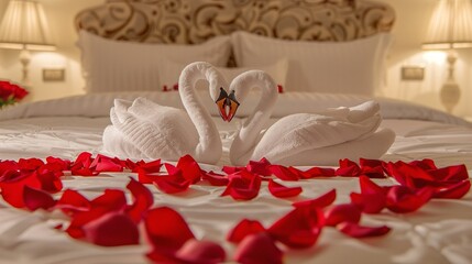 In a beautifully decorated bedroom, a pair of towel swans in a kissing pose sit atop a luxurious white bed.