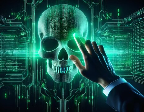 Ciberataque o hacking: Una mano humana en la sombra, tocando una pantalla que muestra c&oacute;digo de programaci&oacute;n verde. En el fondo, un cr&aacute;neo digital transparente hecho de fragmentos de datos.